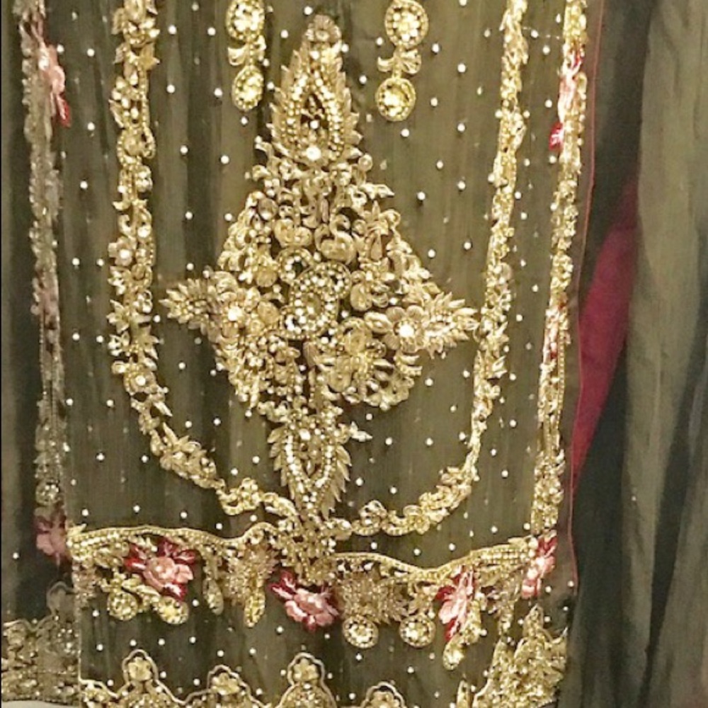Dark olive heavy georgette with gold work